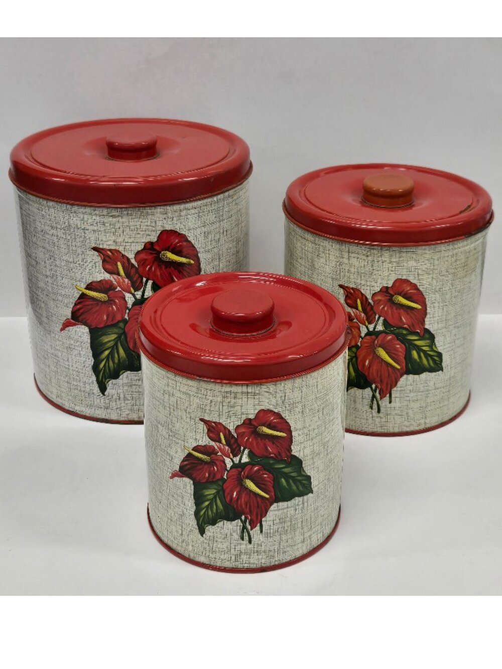 Decoware Nested Canisters Anthurium Floral Motif, Vintage Metal Storage Cans